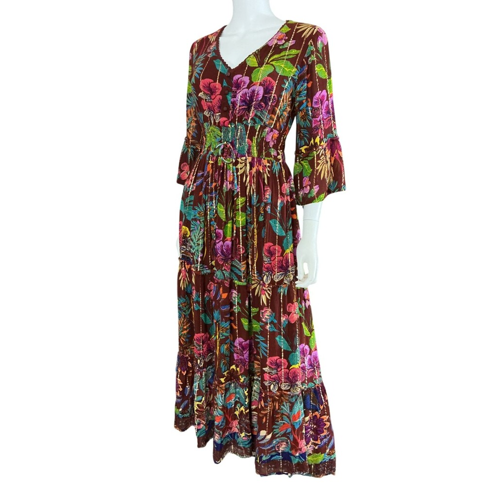 Me 2 Magic Anthropologie Maxi Dress S Floral Gold Stripe Fairy Whimsigoth  BOHO